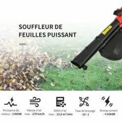 Outsunny Souffleur Aspirateur Broyeur à Feuilles 3000 W - Sac Ramassage 45 L - Roulettes & Bandoulière - PP Rouge Noir -Aspirateur souffleur Soldes Magasin 38398986 4