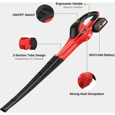 Souffleur De Feuilles Sans Fil 20V TEENO 3.0Ah,Vitesse 13000 Tr/min, Durée De Fonctionnement 18 Min - Batterie Et Charger Inclus 4 Souffleur De Feuilles Sans Fil 20V TEENO 3.0Ah,Vitesse 13000 Tr/min, Durée De Fonctionnement 18 Min - Batterie Et Charger Inclus – Image 2